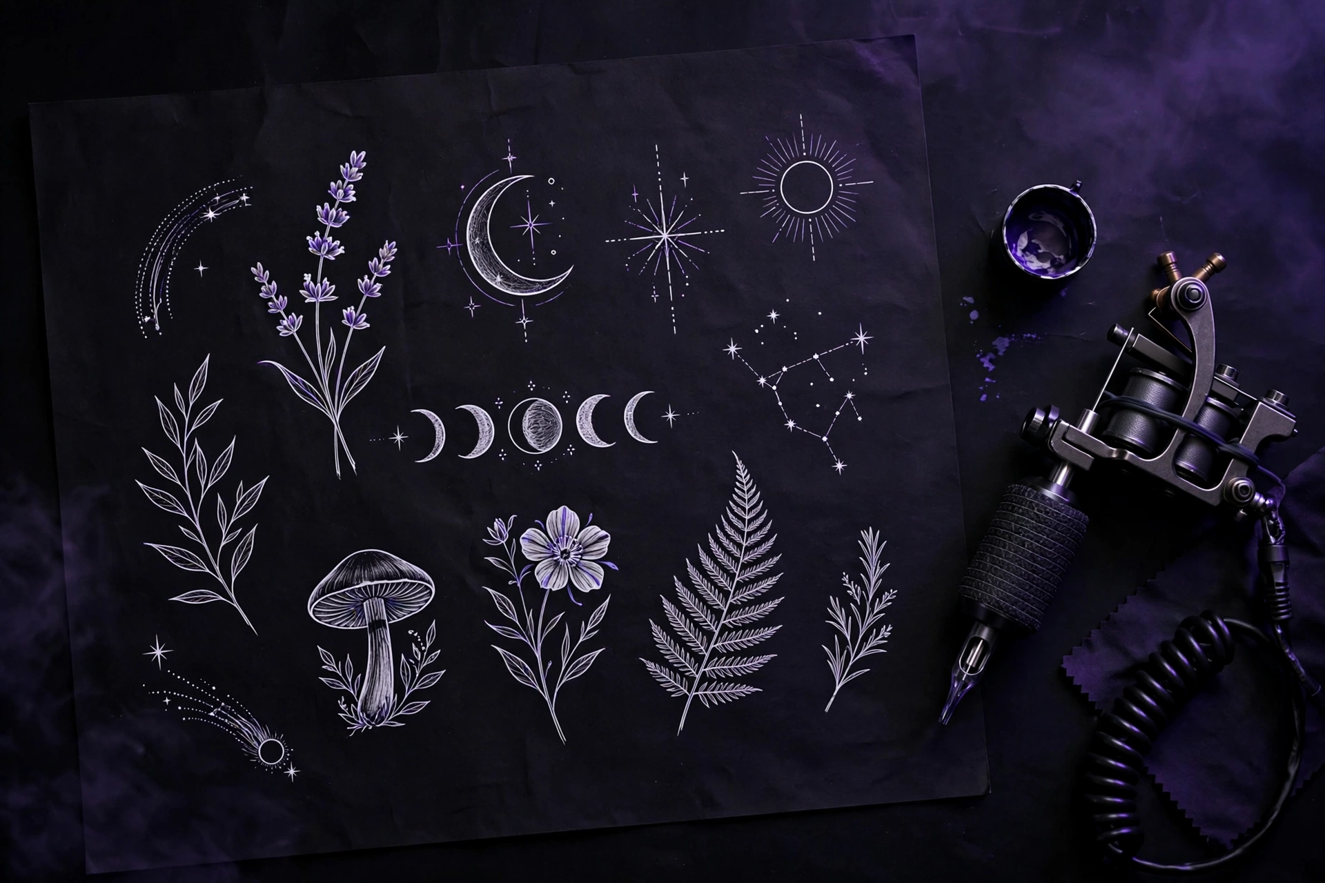 Fine line tattoo flash sheet with botanical and celestial designs