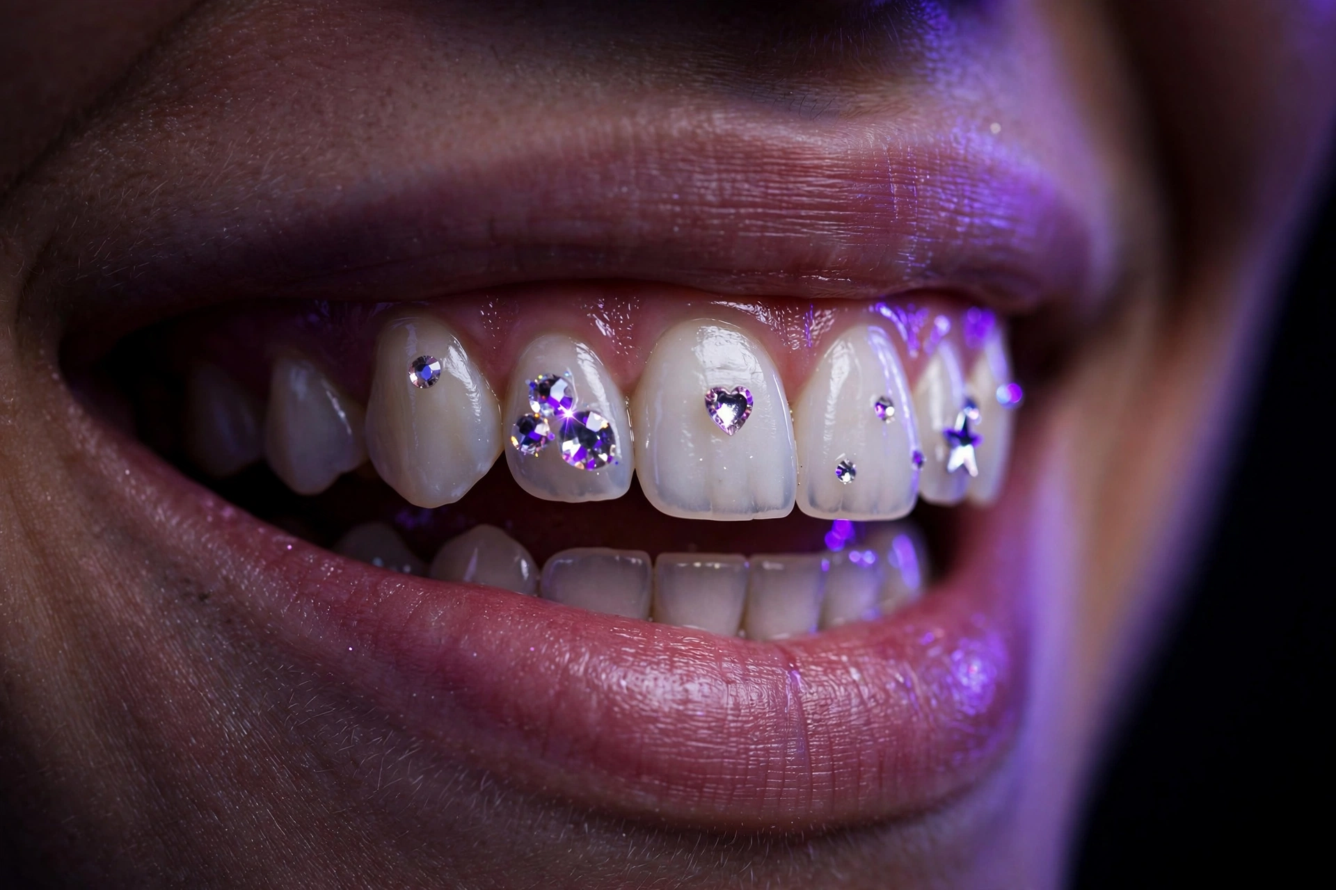 Crystal tooth gems on a smile under purple light