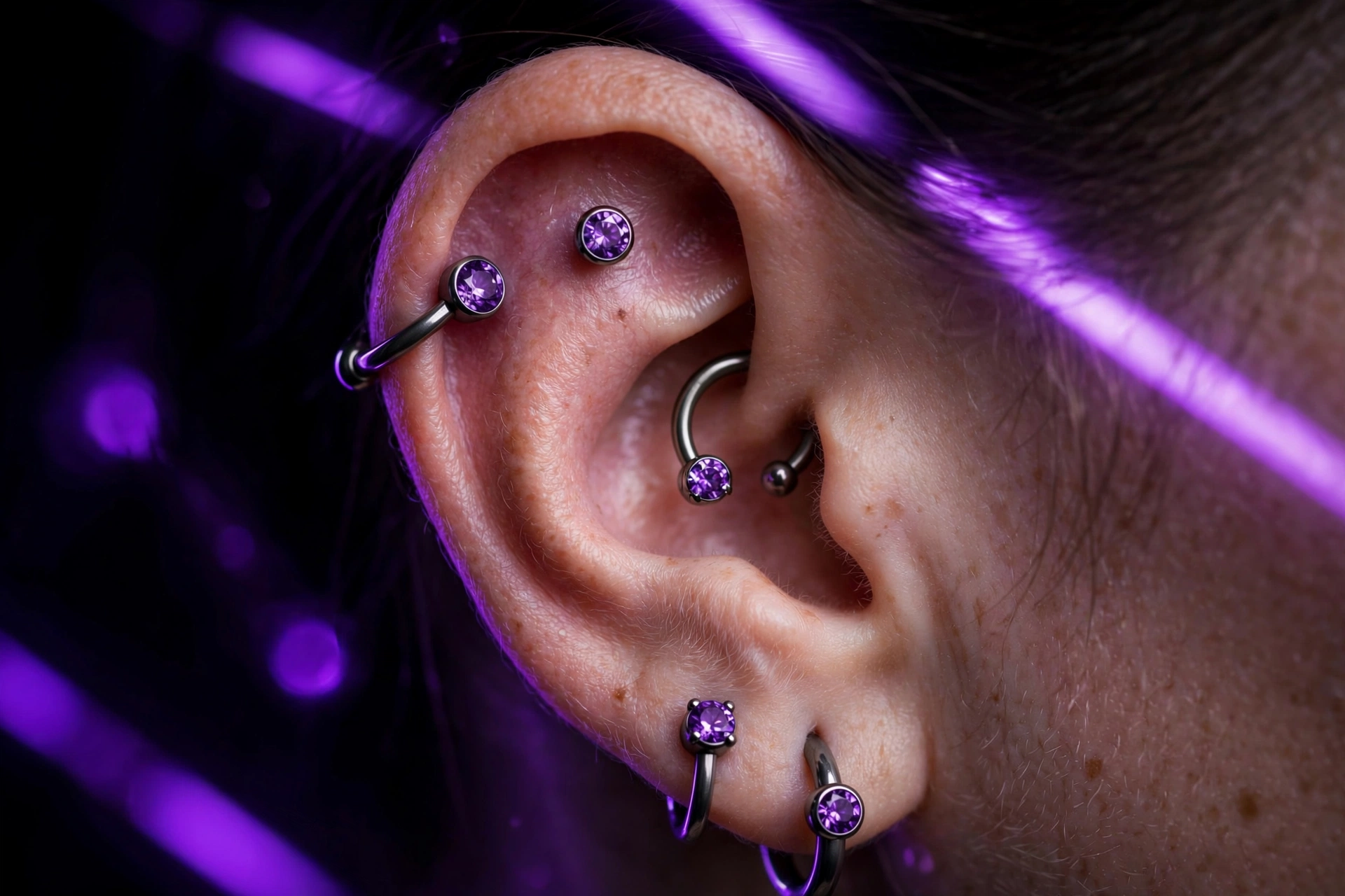 Curated ear piercings with titanium and violet gem jewelry