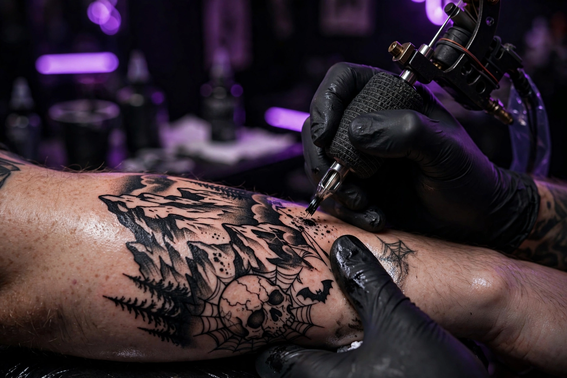 Detailed tattoo being inked on a forearm